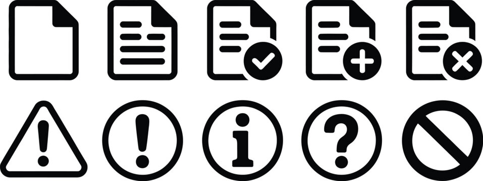 Document management and web system warning status bold outline icon set containing paper file variations and circular information alert symbols.