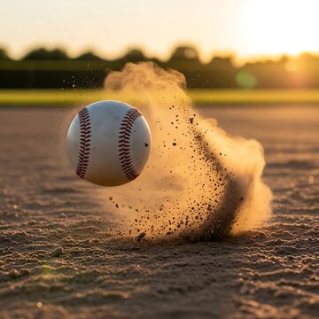 Baseball in mid-air kicking up dust on a field at sunset, action shot. basball