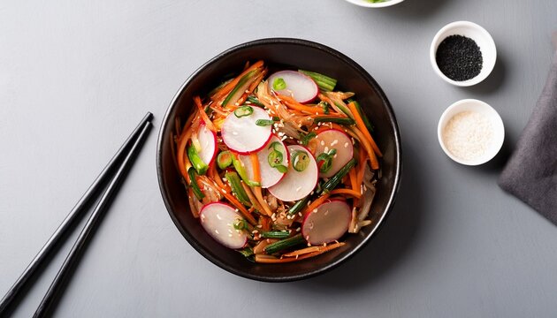 top view mu saengchae korean radish salad flat lay
