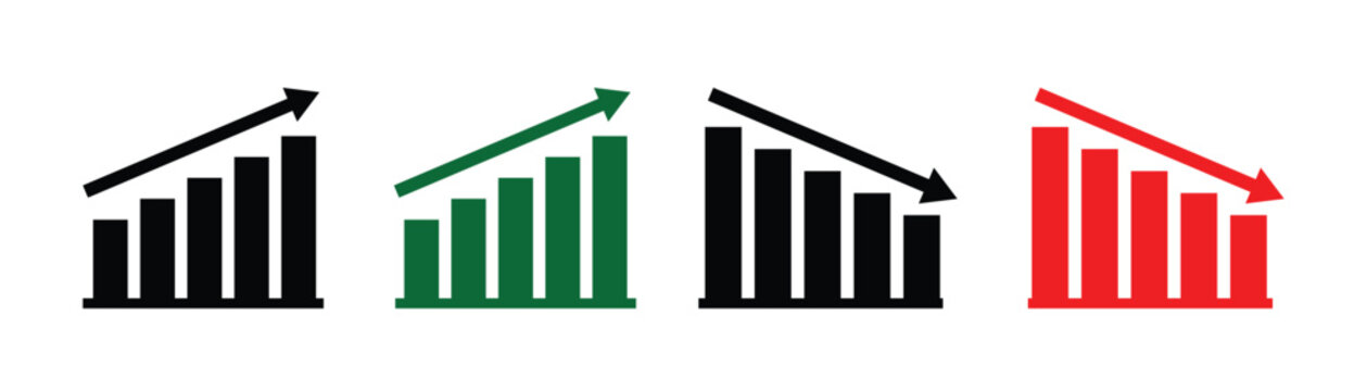 Simple financial up and down arrows for stock market analysis and business presentation. Stock increase and decrease sign with green and red arrows. Vector illustration up and down arrow.