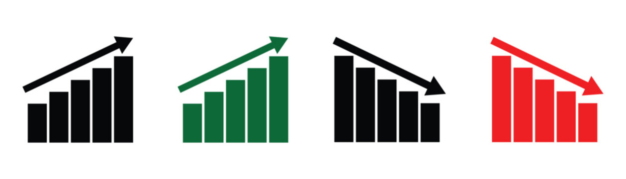 Simple financial up and down arrows for stock market analysis and business presentation. Stock increase and decrease sign with green and red arrows. Vector illustration up and down arrow.