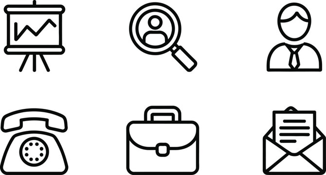 Business and human resources office line icon set with presentation screen recruitment loupe employee avatar telephone briefcase and open envelope.