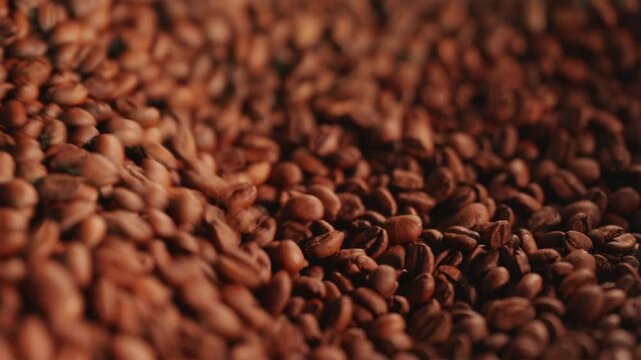 Extreme macro shot of hot roasted coffee beans moving