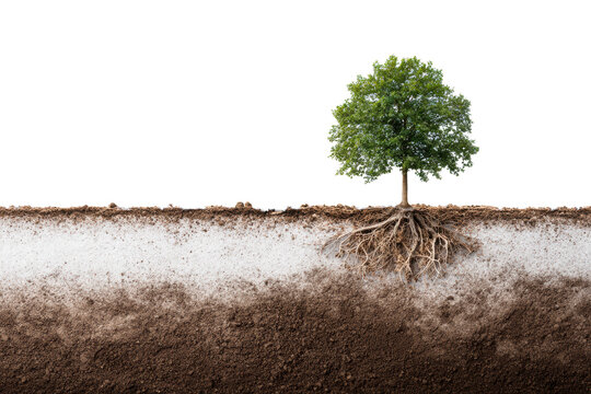 Single green deciduous tree with exposed root system in soil cross section isolated on transparent background
