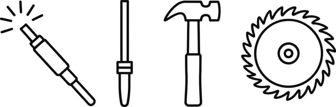 Carpentry and construction hand tools line icon set featuring welding iron screwdriver claw hammer and circular saw blade outline symbols.