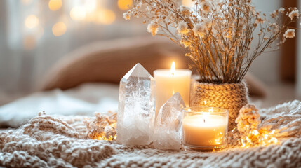 Healing Crystals, Essential Oils, and Sage on Linen Table