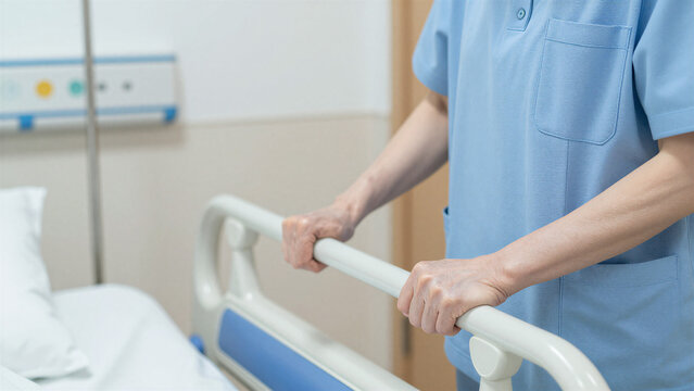 Japanese Female Caregiver Adjusting Hospital Bed Rail for Senior Resident, Copy space on the left