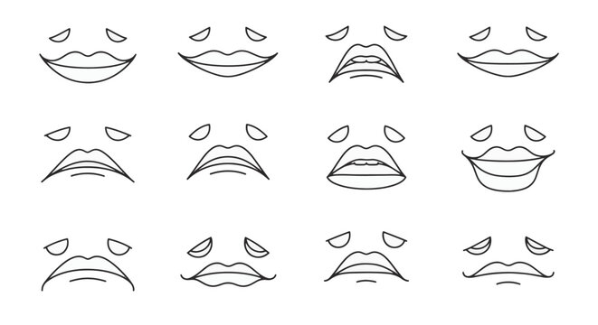 Set of minimalist outline icons for web and mobile app interface design featuring thin line stroke symbols for navigation, user settings, communication, and digital technology.