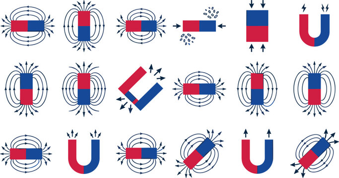 Magnetic Field Lines and Magnet Force Vector Icon Set Featuring Horseshoe Magnets, Bar Magnets, and Physics Science Diagram Symbols for Education and Educational Media
