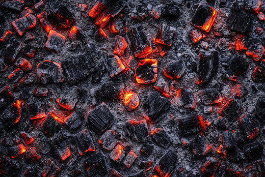 Glowing charcoal embers in ash firebed top view