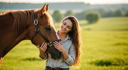 Obraz premium Smiling Woman Petting Brown Horse in Green Field