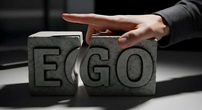 Hand pushing stone cube with letter G to complete the word EGO