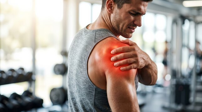 A man experiencing shoulder pain and muscular injury at the gym with highlighted red area.