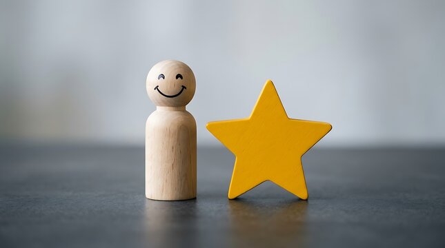 Wooden peg doll with a smiling face standing next to a yellow star on a grey surface