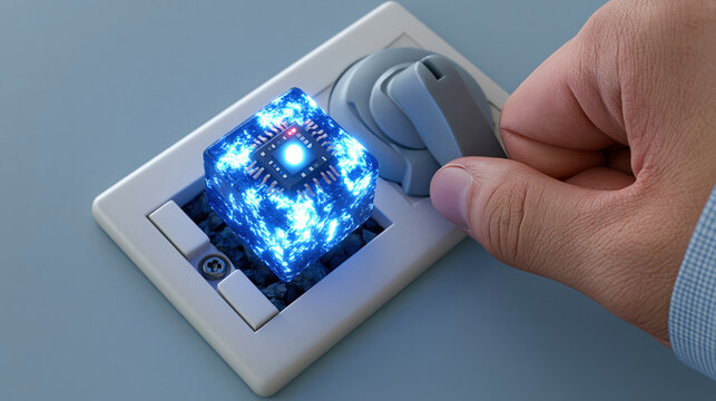 Glowing chip cube in wall socket with hand turning switch, energy bottleneck concept