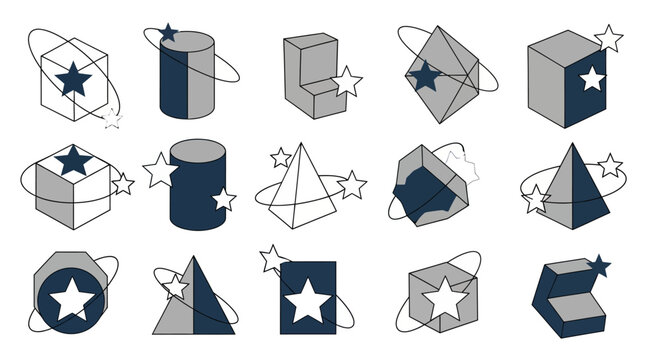 Geometric Abstract Shapes, Stars, Ribbons, Isometric View