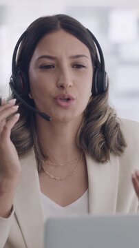 Laptop, woman or consulting with headset in call center for sales, insurance cover or life policy. Telemarketing, tech or agent talking to outbound client for service promotion, upsell product or FAQ