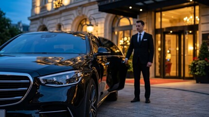 Fototapeta premium Luxury chauffeur service with a black sedan and driver outside a grand hotel.