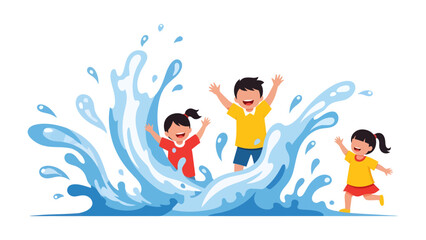 Obraz premium Splashing Fun: Joyful children delight in a refreshing splash of water, their faces alight with laughter and excitement during a summer day.