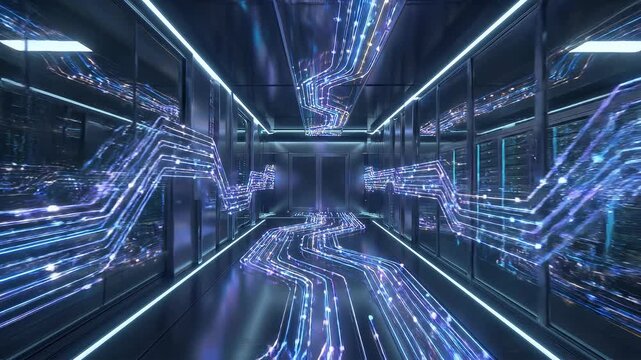 Futuristic Digital Data Flow Through Server Room with Blue Lights.
