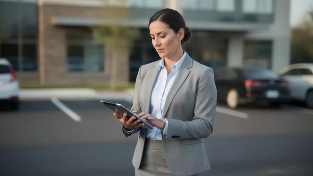 Real estate agent using tablet to review digital property plans while surveying parking lot area main subject clear against outoffocus building.