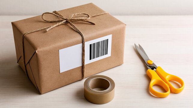 Parcel box with blank label, barcode, tape, string, and scissors on table