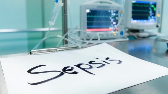 Hospital ICU scene with medical monitors beeping and intravenous drip in a critical care environment