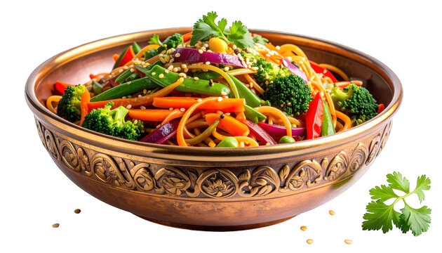 Healthy and Vibrant Vegetable Stir-Fry Noodles in a Decorative Bowl, Garnished with Fresh Coriander