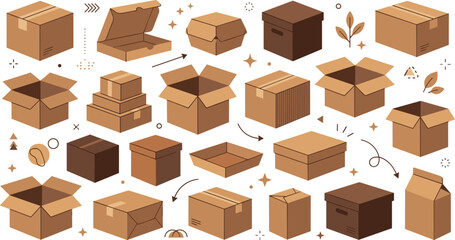 Fototapeta premium Cardboard Box Vector Set Featuring Kraft Paper Delivery Cartons Open and Closed Shipping Packages for Warehouse Logistics and Ecommerce Graphic Designs
