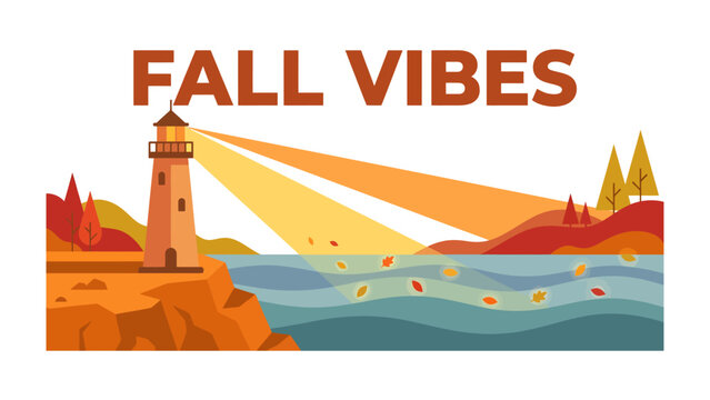Autumnal Lighthouse Scene: A vibrant illustration depicting a lighthouse casting its beams across a calm sea under an autumn sky.
