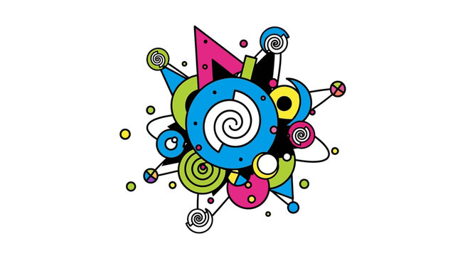 Abstract colorful explosion of shapes and spirals on a white background