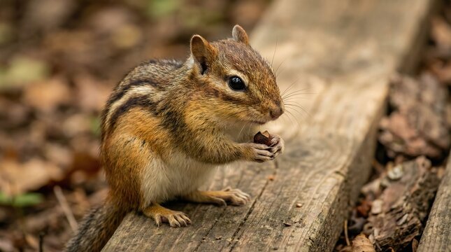 A small eastern chipmunk sits on a wooden plank while eating a nut in a forest setting.