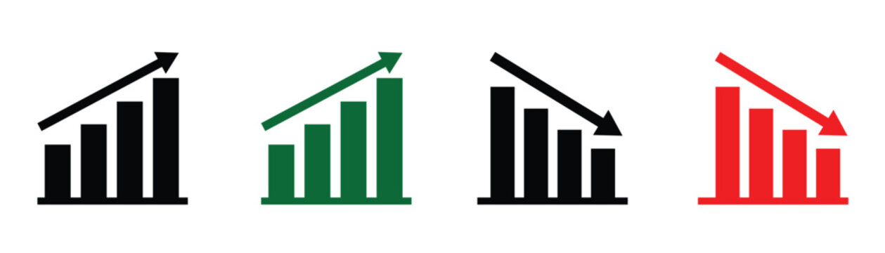 Simple financial up and down arrows for stock market analysis and business presentation. Stock increase and decrease sign with green and red arrows. Vector illustration up and down arrow.
