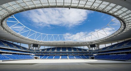 Fototapeta premium Large modern stadium with open roof and blue sky view