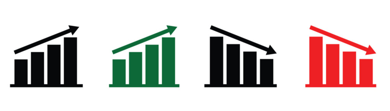 Financial increase and decrease statistics vector sign on white background. Green rising arrow and red falling bar graph. Vector up and down arrow symbol for stock markets and sales dashboards.