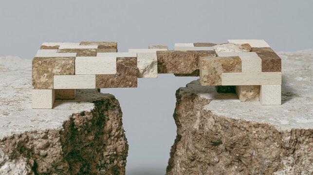 Wooden block bridge teamwork concept gap connection balance concept abstract structure crossing link support system collaboration