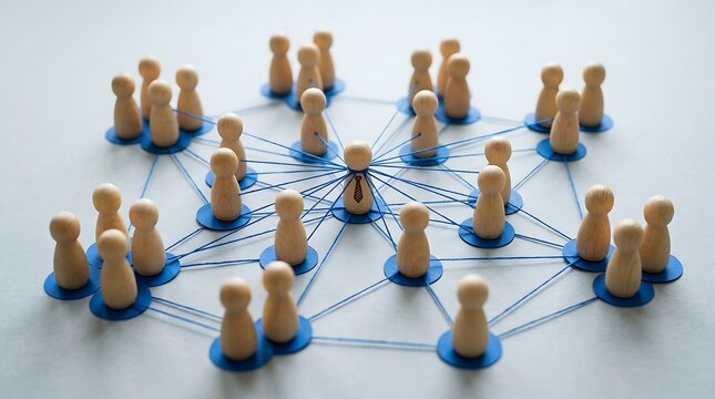 Wooden peg dolls connected by blue thread representing a business network structure on a white background photo