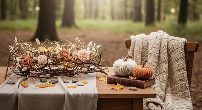 Autumnal Decor with Floral Arrangement on Wooden Bench in Forest