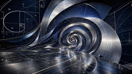 Fototapeta premium High-tech mathematical beauty featuring intricate geometric patterns based on the Golden Ratio. Metallic silver and navy blue tunnel-like landscape for intelligent design
