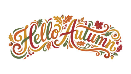 Hello Autumn Decorative Typography: A vibrant and ornate display of hand-lettered Hello Autumn text, adorned with falling leaves, acorns, and swirling vine elements. © Mohammad