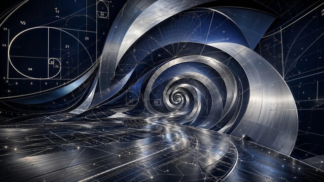 High-tech mathematical beauty featuring intricate geometric patterns based on the Golden Ratio. Metallic silver and navy blue tunnel-like landscape for intelligent design