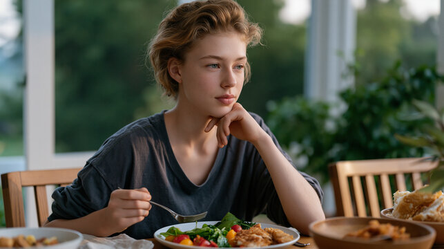A candid unposed moment of a teenager pausing mid-meal and setting down a fork with a thoughtful expression, intuitive eating hunger awareness practice at a family dinner table, summer evening light