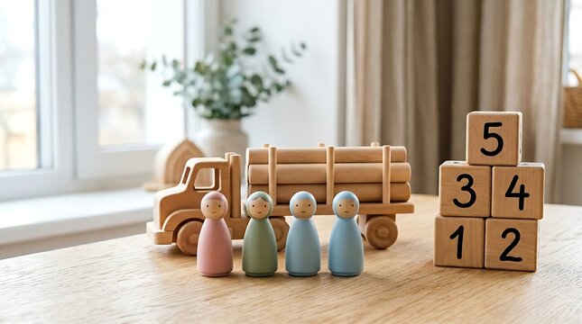 Wooden peg dolls with a toy truck and numbered blocks on a table for early childhood education