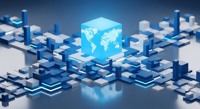 Abstract digital world map cube with blue and white blocks