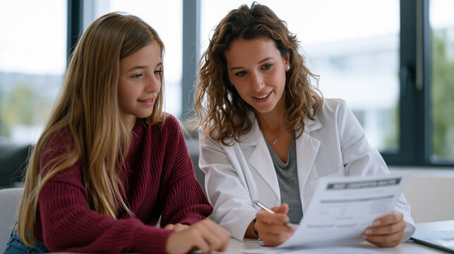 Nutritionist in bright clinic office reviewing body composition analysis printout with teenage female patient and her mother, pediatric weight management consultation, family nutrition education vis
