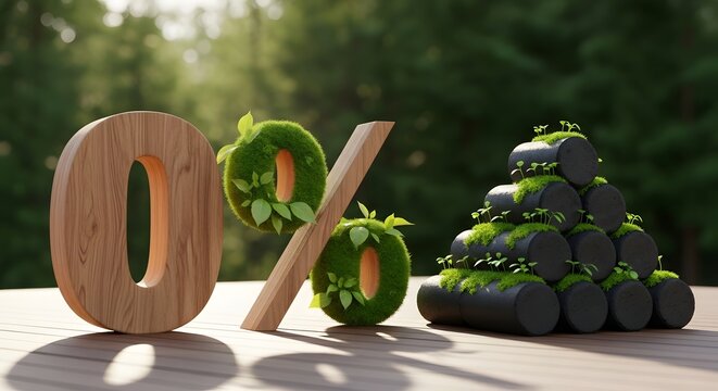 0 percent symbol with moss and sprouts on wooden deck