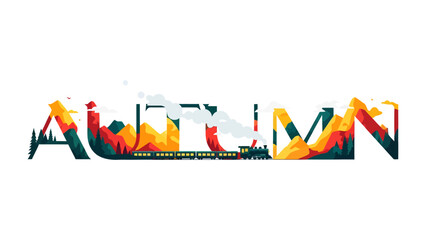 Autumn Landscape Typography: The word Autumn is beautifully illustrated with a scenic mountain landscape, evergreen trees, and a train chugging along, capturing the essence of the season. © Md
