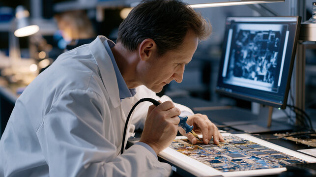 Rework technician using a soldering iron to replace a BGA package on a military-grade electronics assembly, X-ray film of the board visible on a light box nearby, flux residue visible on the PCB und