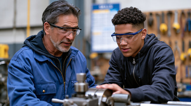 Senior machinist guiding a nervous teenage apprentice through lathe operation at a vocational training center, safety goggles worn by both, chip guards in position, a skills checklist mounted on the