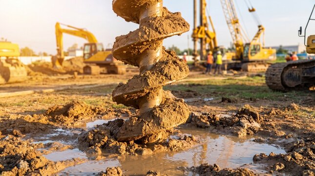Heavy duty auger bit drilling into wet soil at construction site during daylight